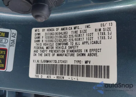 2013 Honda Cr-V Ex-L z USA, uszkodzony, nr VIN 5J6RM4H77DL073451